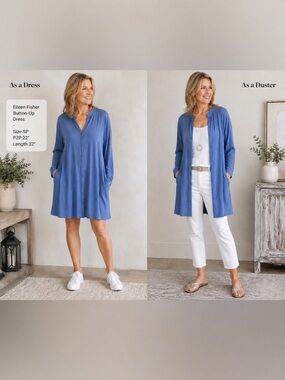 Eileen Fisher Blue Button Front Jersey Dress Petite Small SP